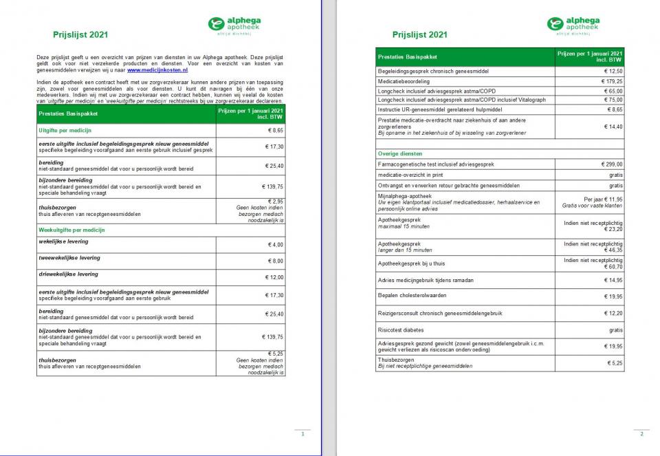 Prijslijst 2021