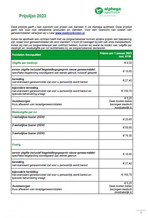 Prijslijst 2023